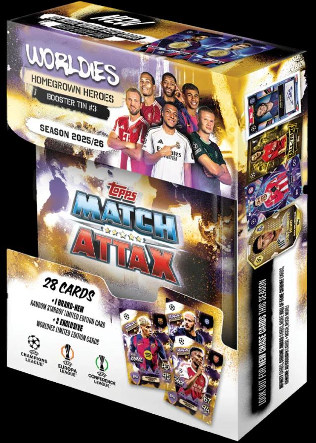 (Naujiena!) UEFA Champions League 2026 Match Attax kortelių papildymo rinkinys metalinėje dėžutėje Homegrown Heroes