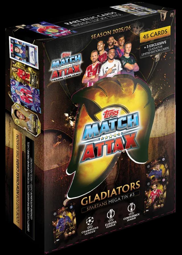 (Naujiena!) UEFA Champions League 2026 Match Attax kortelių Mega metalinė dėžutė Spartans